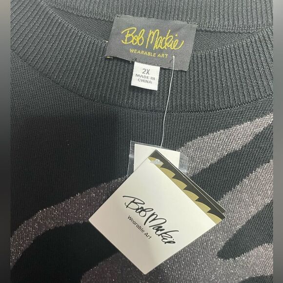 Bob Mackie Wearable Art Grey Metallic Zebra Striped Black Sweater Blouse 2X- New - Picture 4 of 7